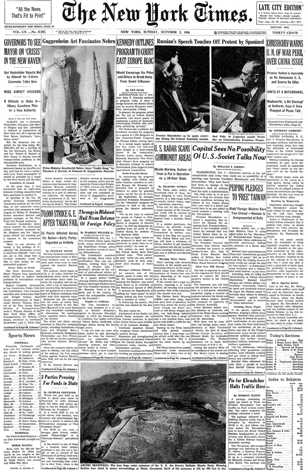 Sunday, October 2, 1960 – The New York Times Front Page
