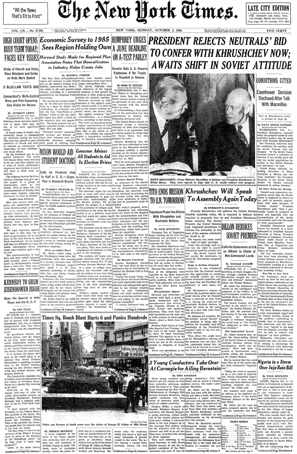 Monday, October 3, 1960 – The New York Times Front Page