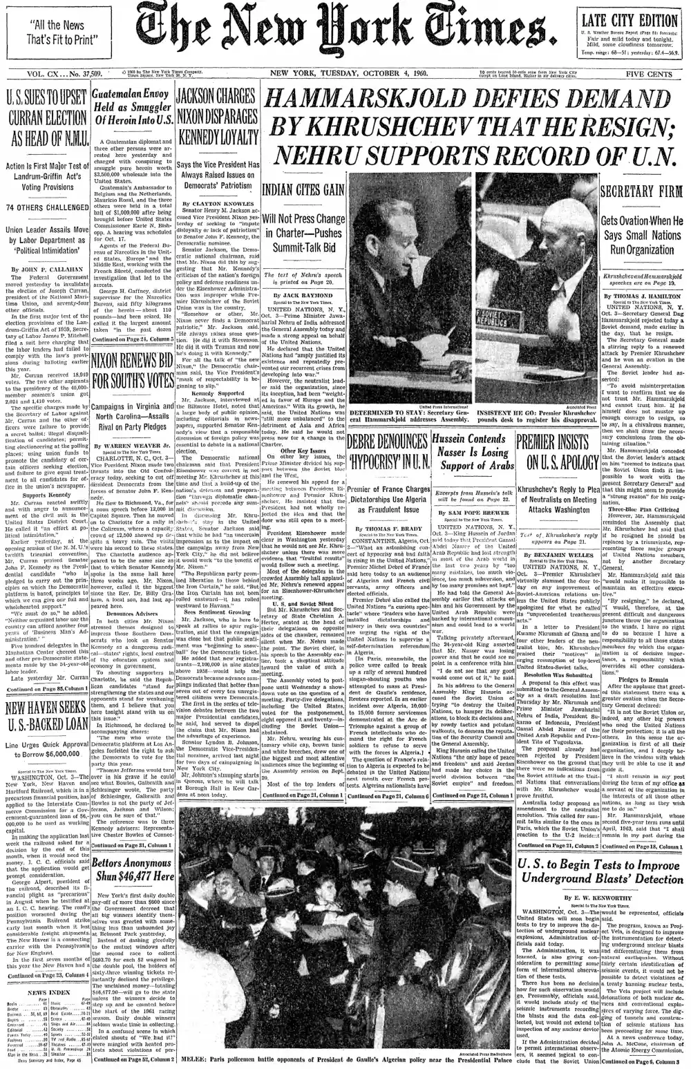 Tuesday, October 4, 1960 – The New York Times Front Page