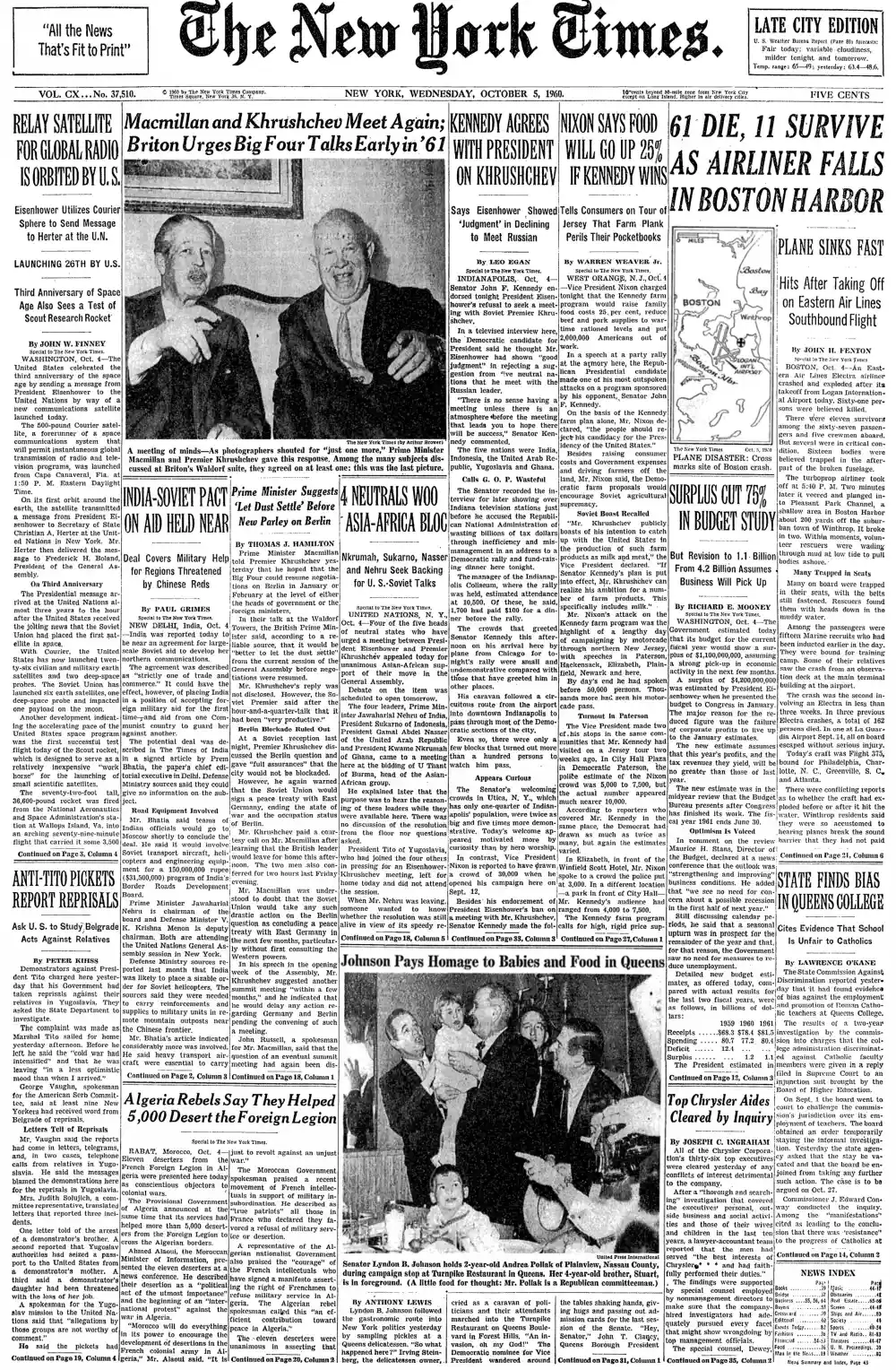 Wednesday, October 5, 1960 – The New York Times Front Page