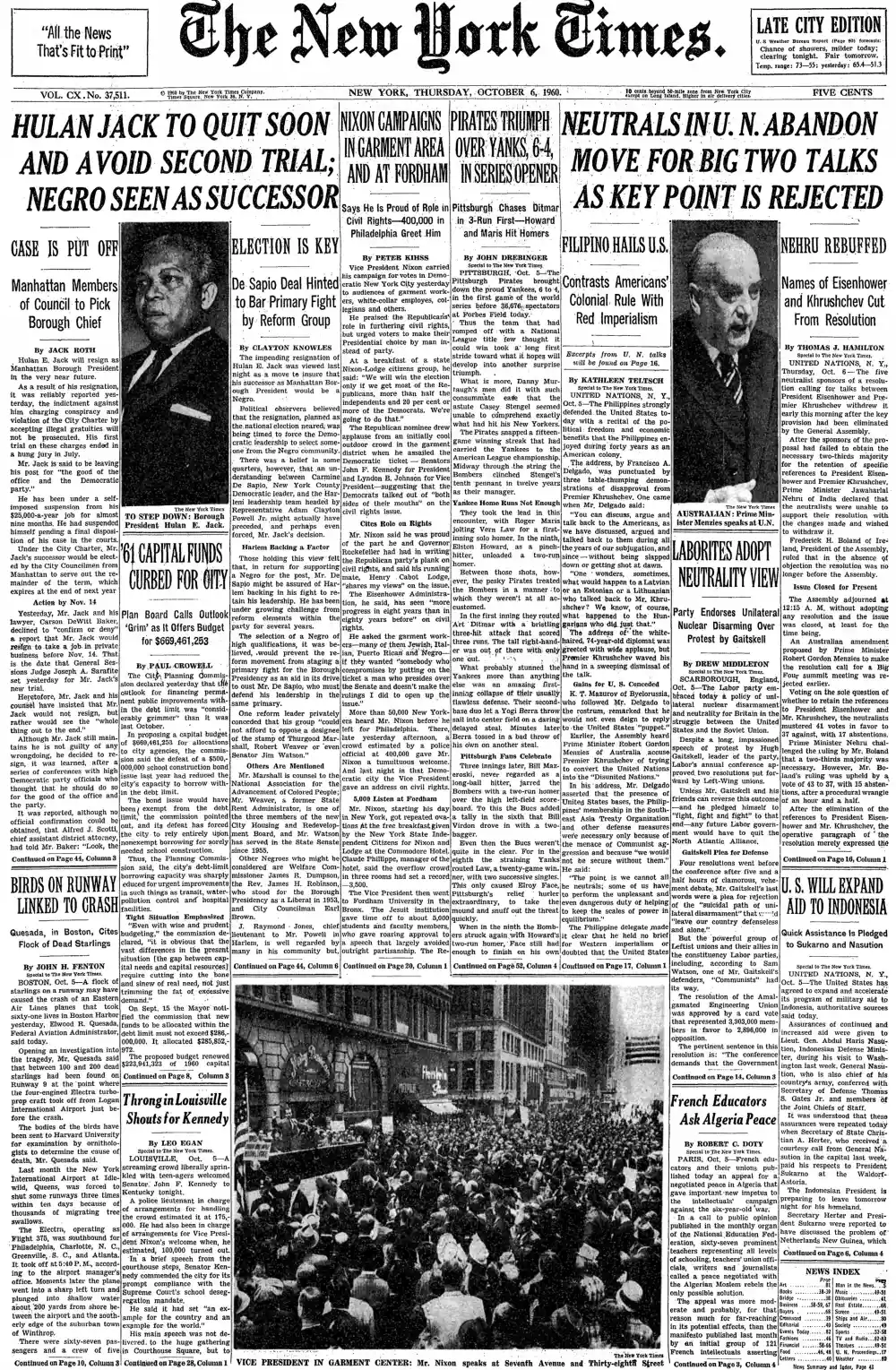 Thursday, October 6, 1960 – The New York Times Front Page