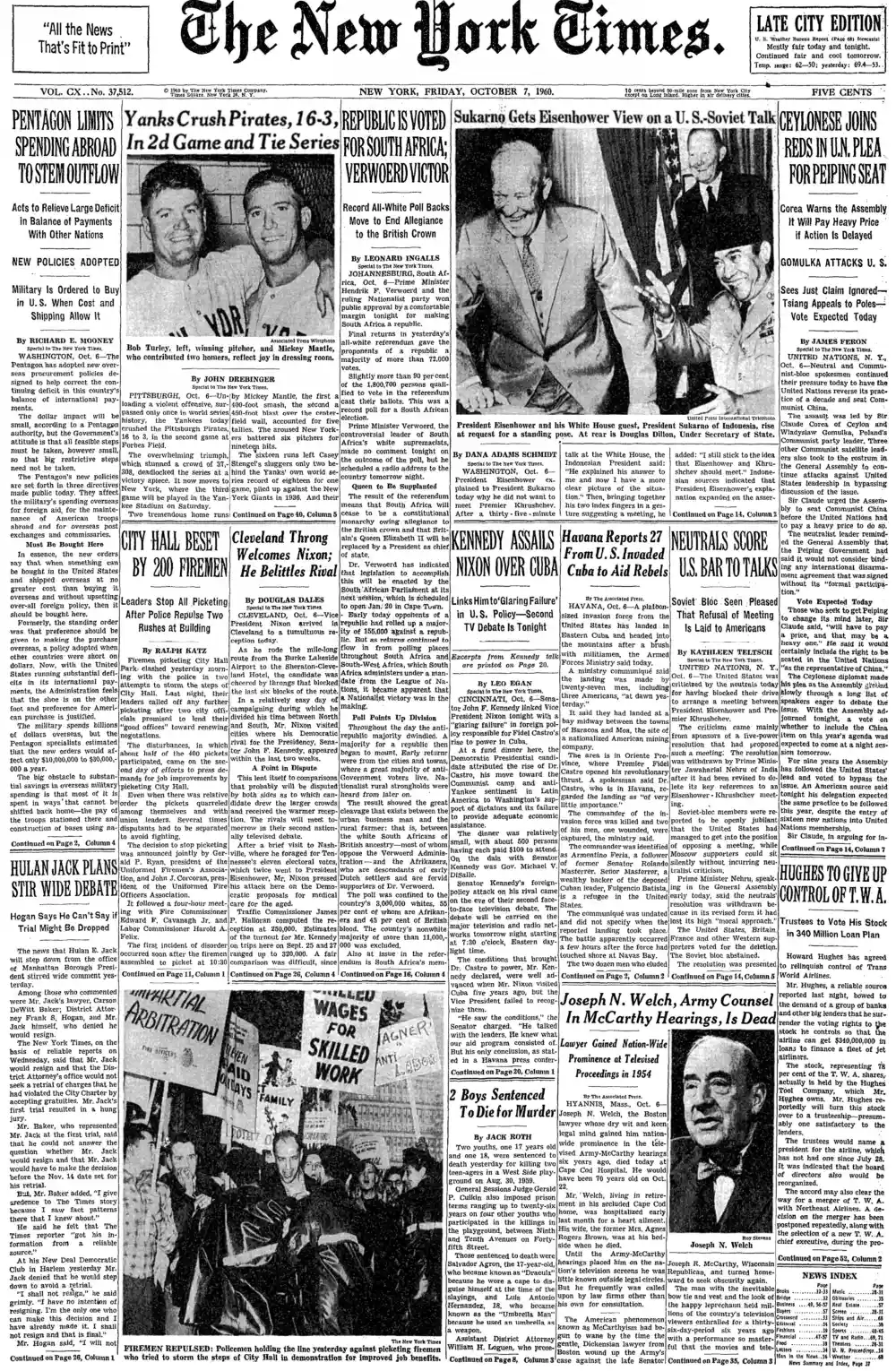 Friday, October 7, 1960 – The New York Times Front Page
