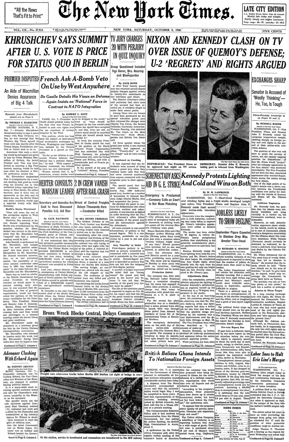 Saturday, October 8, 1960 – The New York Times Front Page