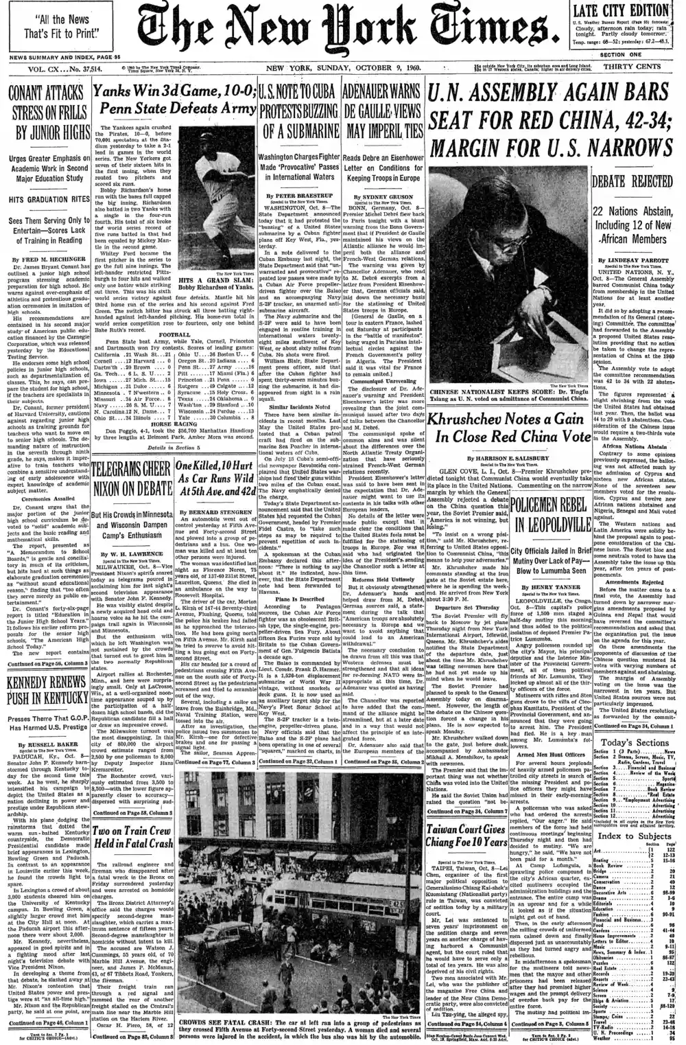 Sunday, October 9, 1960 – The New York Times Front Page