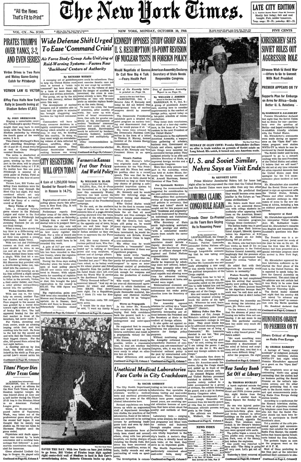 Monday, October 10, 1960 – The New York Times Front Page