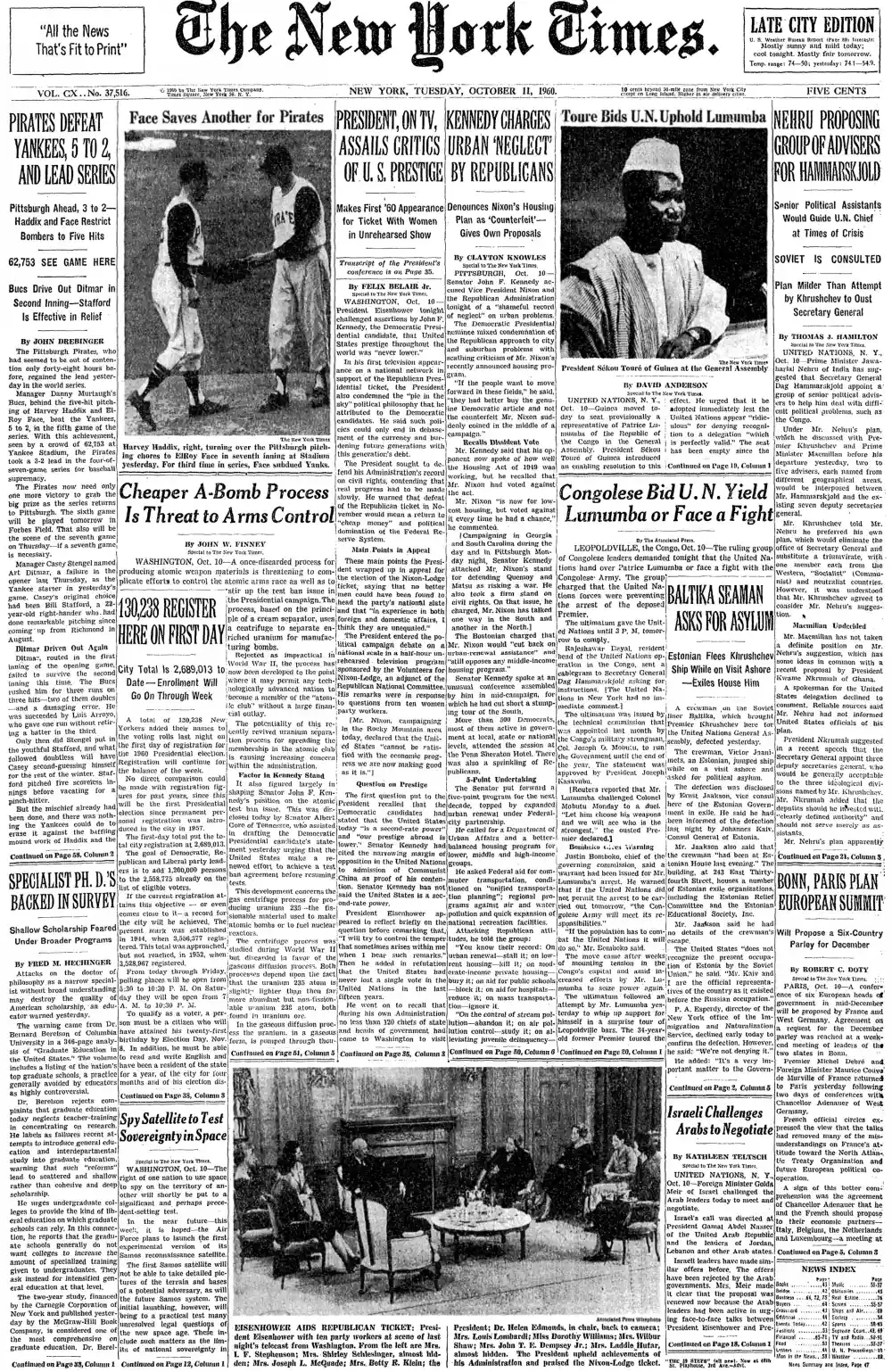 Tuesday, October 11, 1960 – The New York Times Front Page