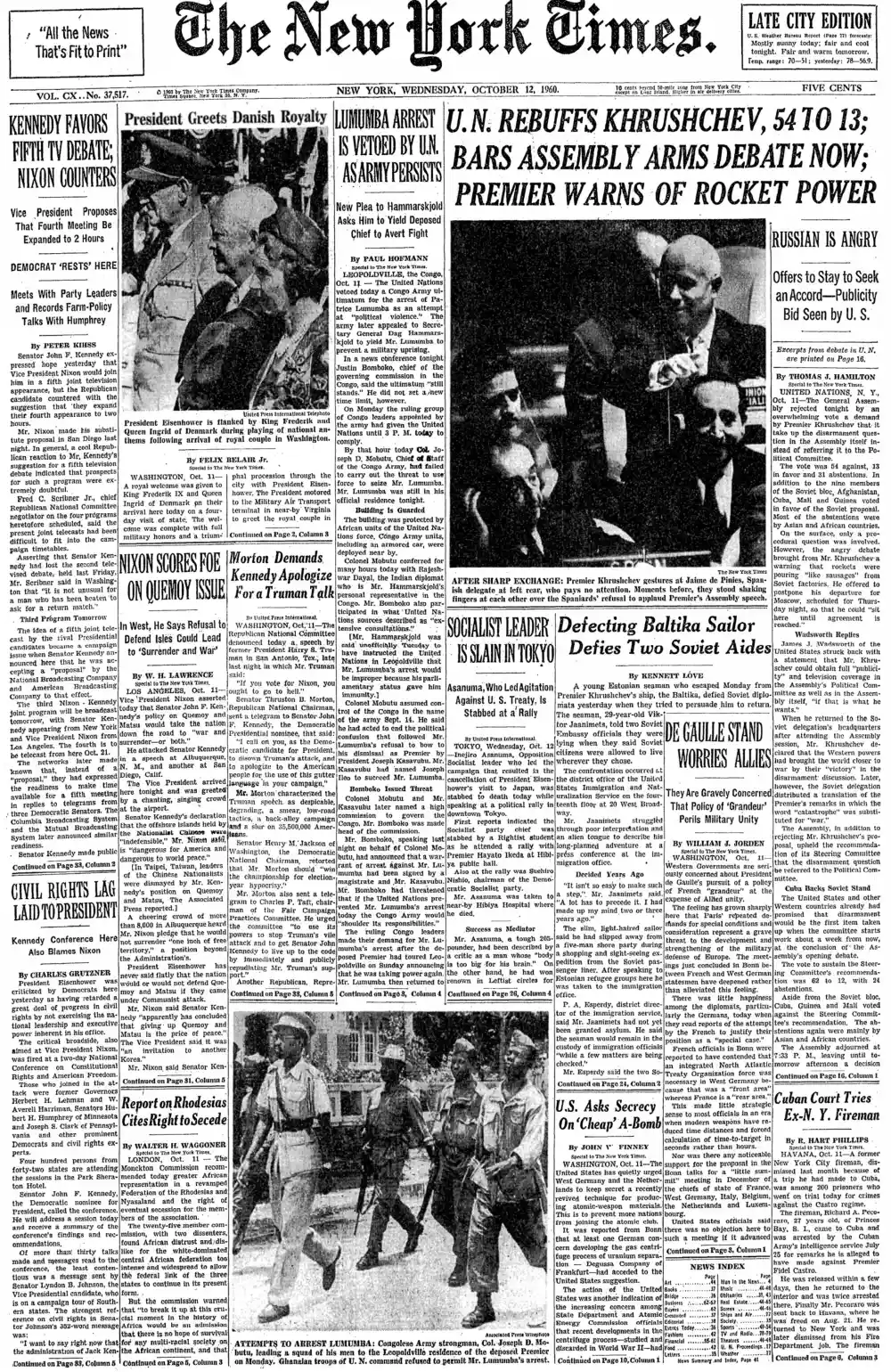 Wednesday, October 12, 1960 – The New York Times Front Page