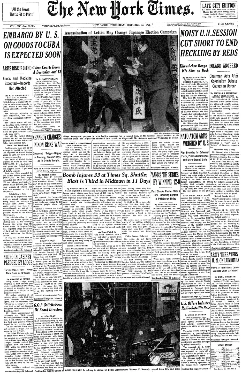 Thursday, October 13, 1960 – The New York Times Front Page