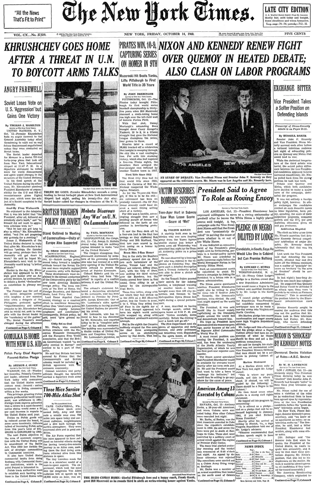 Friday, October 14, 1960 – The New York Times Front Page