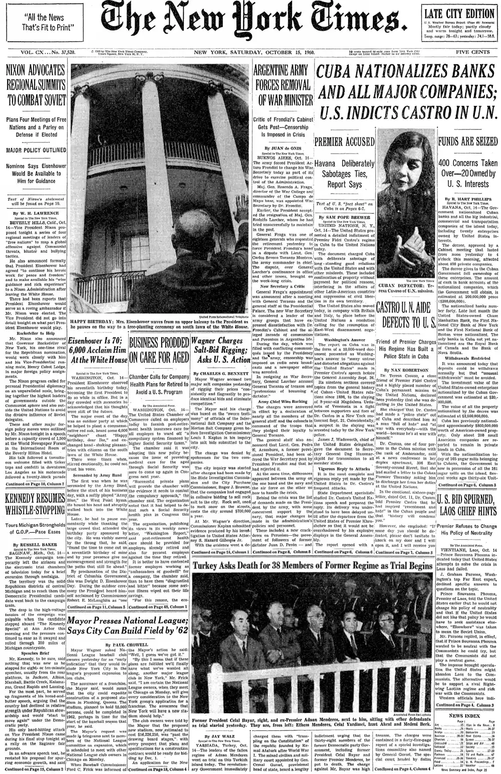 Saturday, October 15, 1960 – The New York Times Front Page