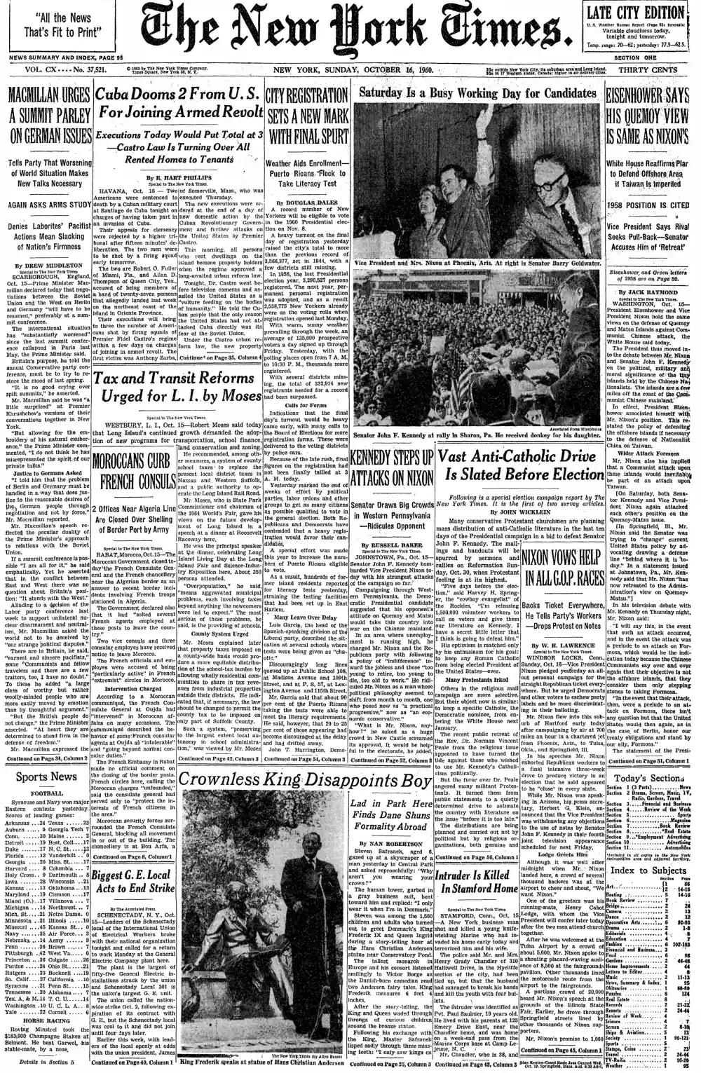 Sunday, October 16, 1960 – The New York Times Front Page