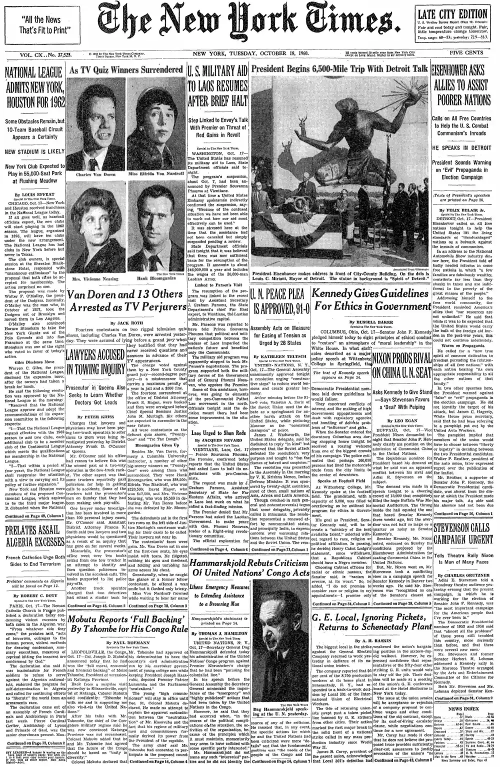 Tuesday, October 18, 1960 – The New York Times Front Page
