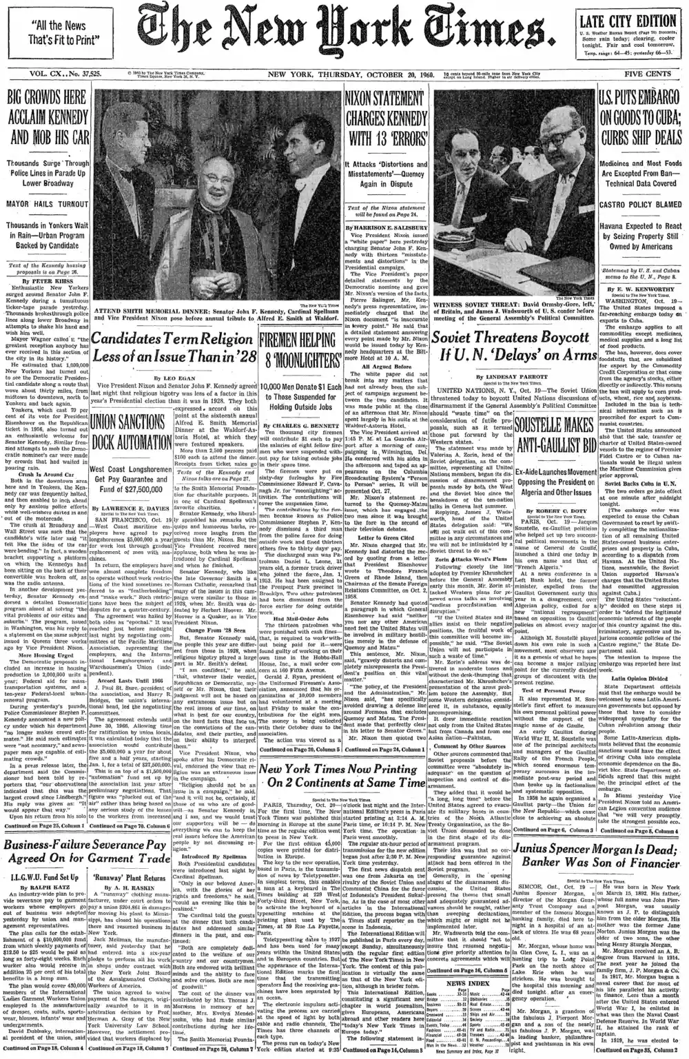 Thursday, October 20, 1960 – The New York Times Front Page