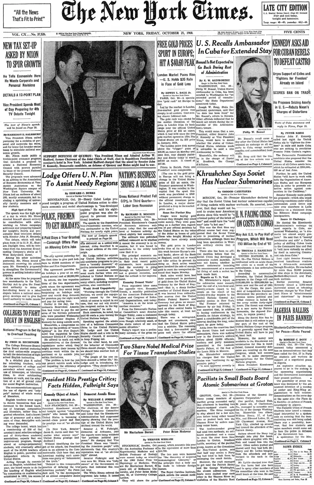 Friday, October 21, 1960 – The New York Times Front Page
