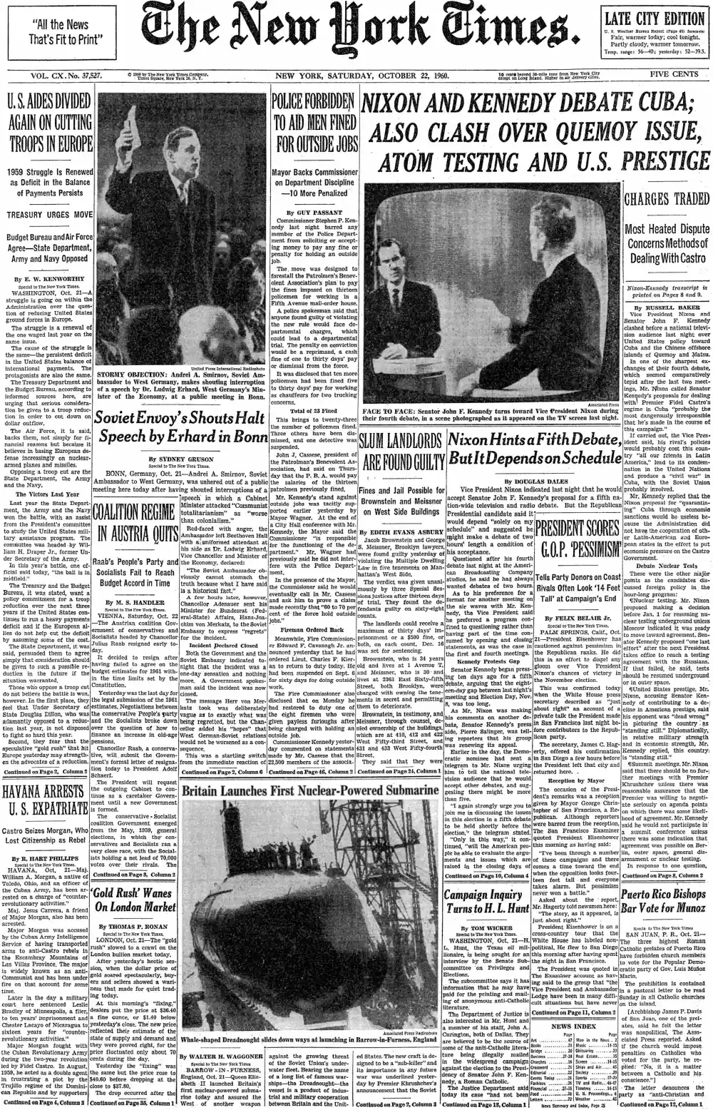 Saturday, October 22, 1960 – The New York Times Front Page
