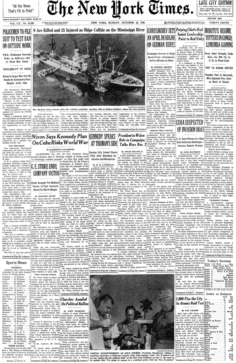 Sunday, October 23, 1960 – The New York Times Front Page