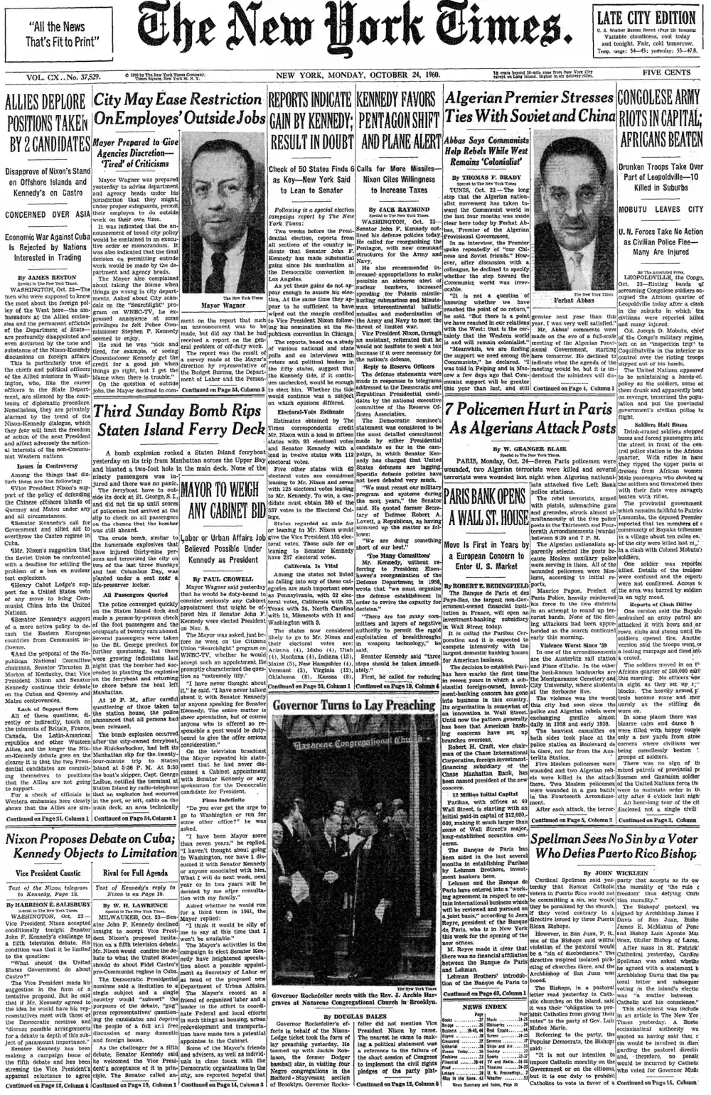 Monday, October 24, 1960 – The New York Times Front Page