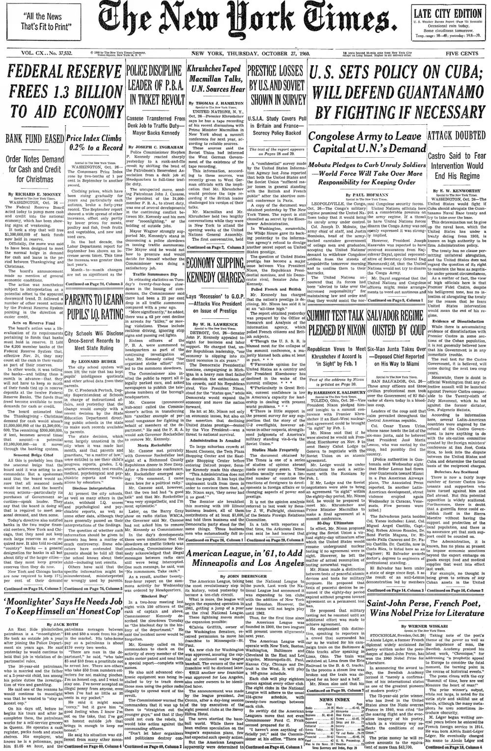 Thursday, October 27, 1960 – The New York Times Front Page