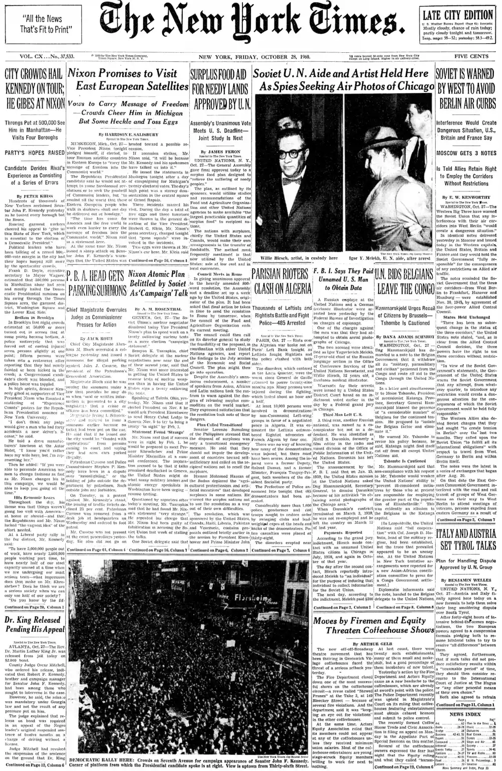 Friday, October 28, 1960 – The New York Times Front Page