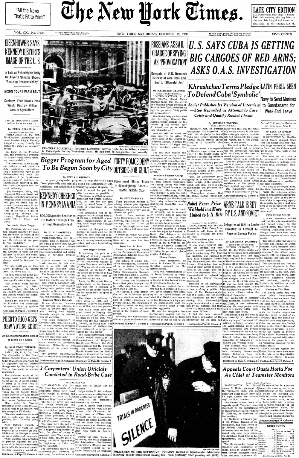 Saturday, October 29, 1960 – The New York Times Front Page