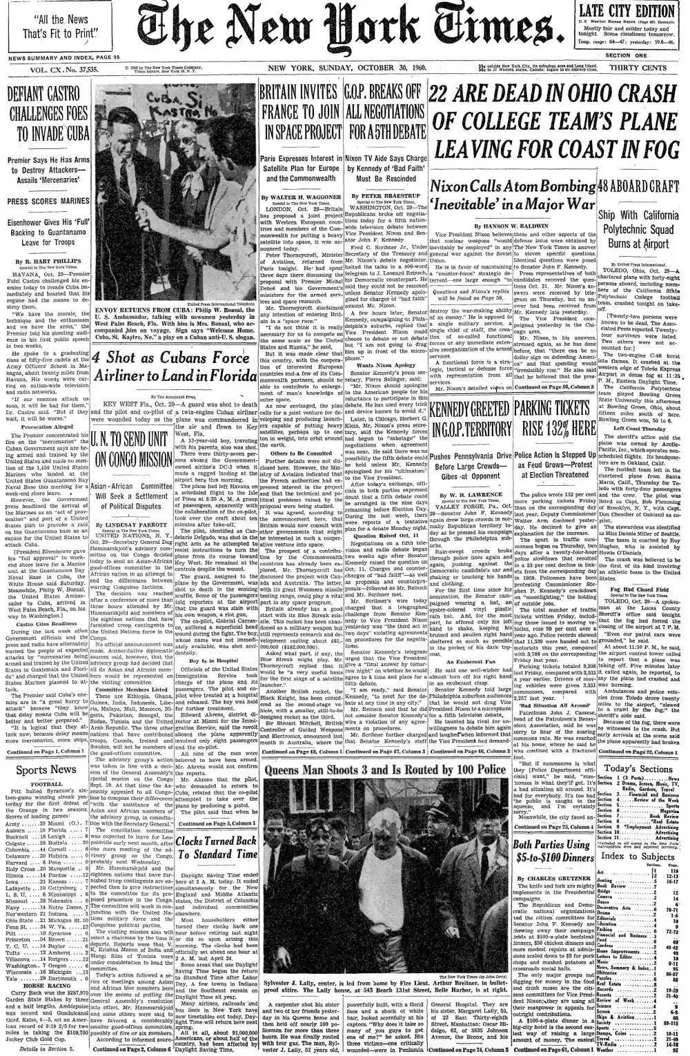Sunday, October 30, 1960 – The New York Times Front Page