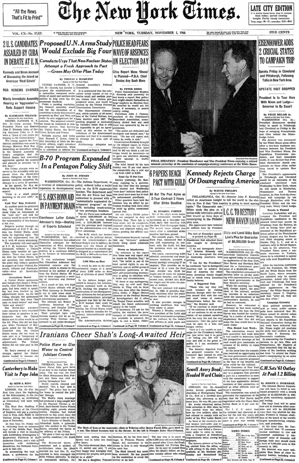 Tuesday, November 1, 1960 – The New York Times Front Page
