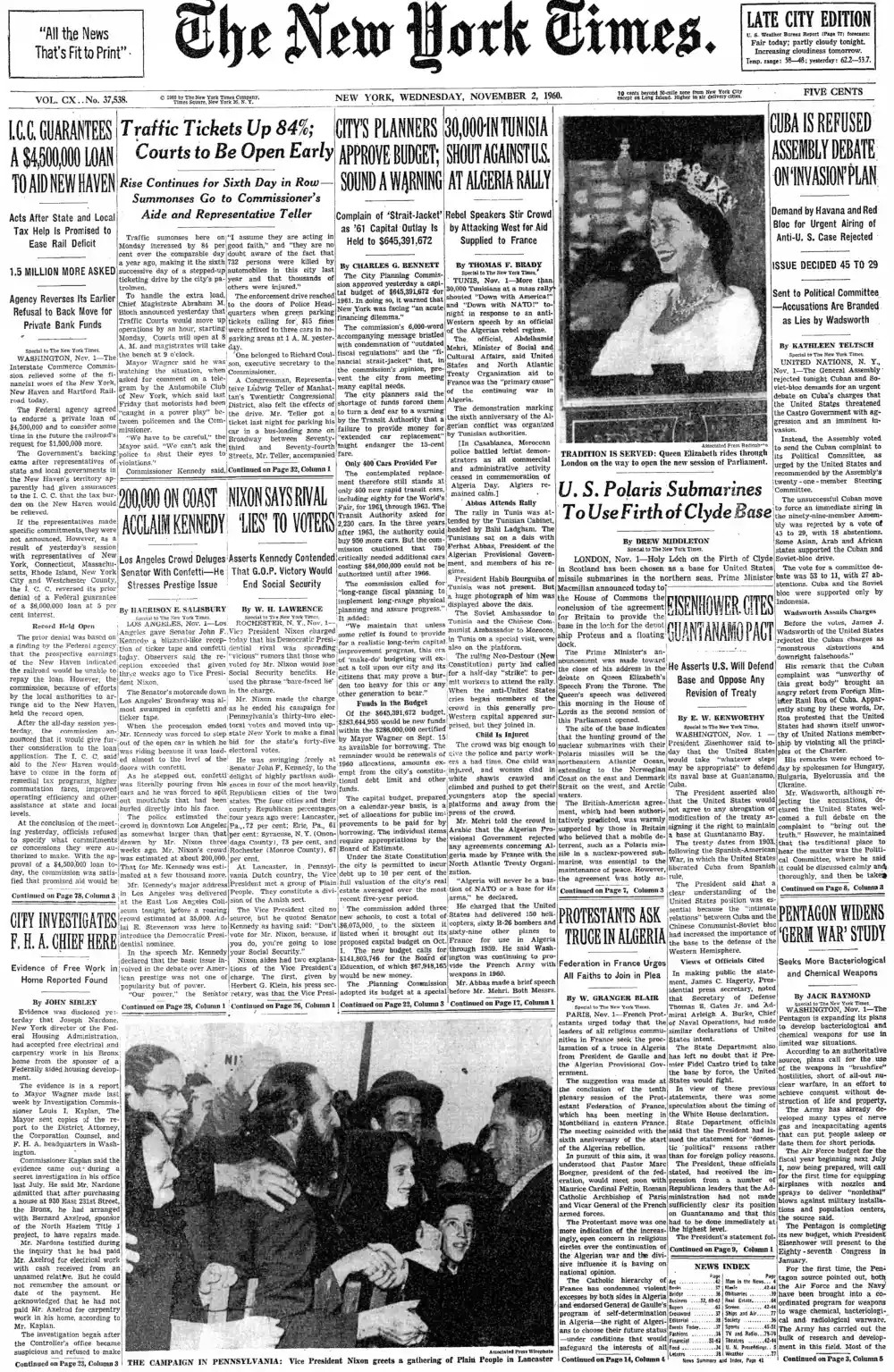 Wednesday, November 2, 1960 – The New York Times Front Page