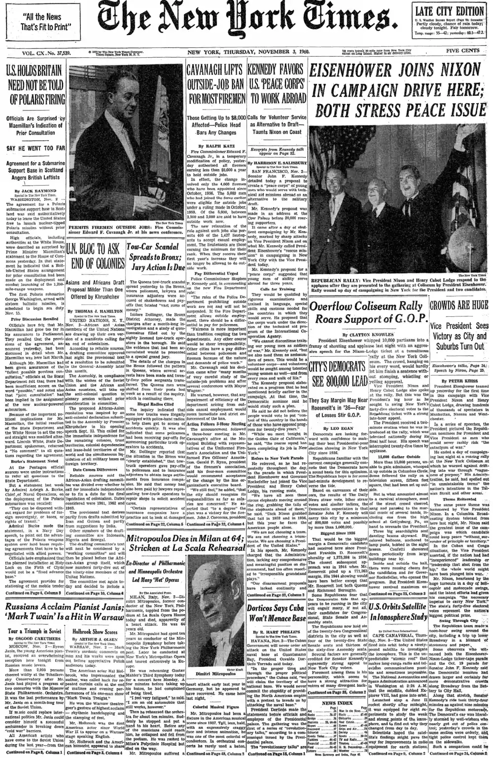 Thursday, November 3, 1960 – The New York Times Front Page