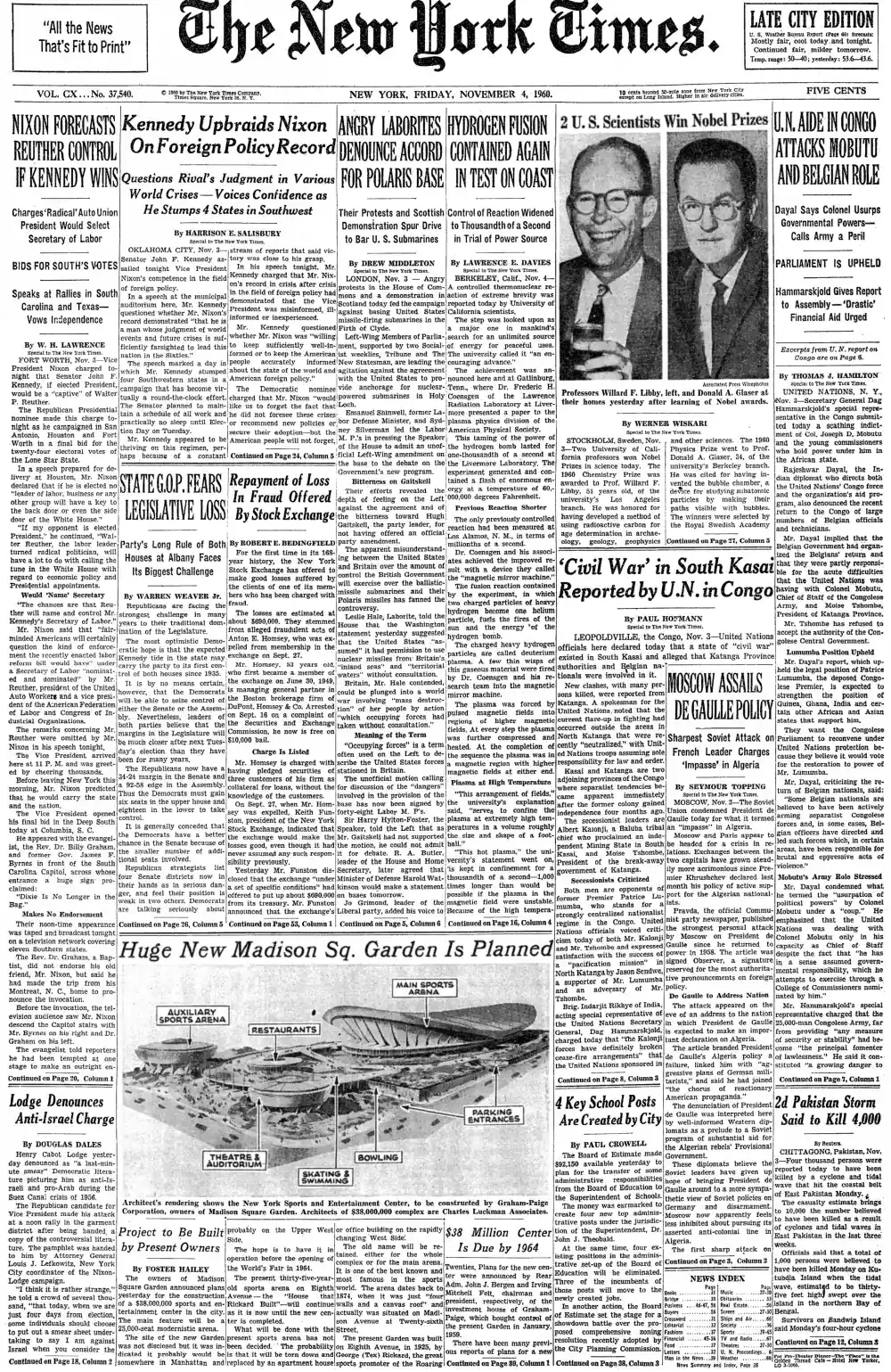 Friday, November 4, 1960 – The New York Times Front Page