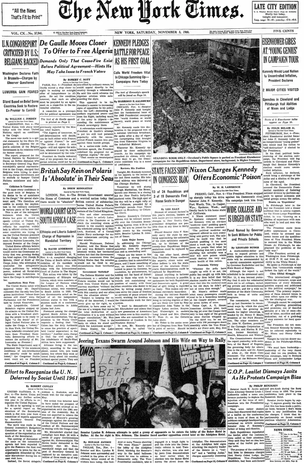 Saturday, November 5, 1960 – The New York Times Front Page