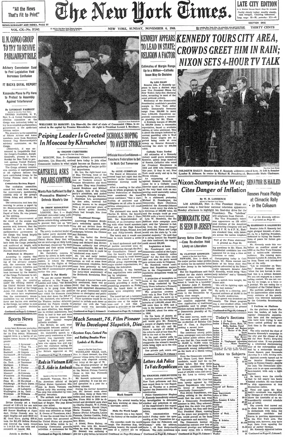Sunday, November 6, 1960 – The New York Times Front Page