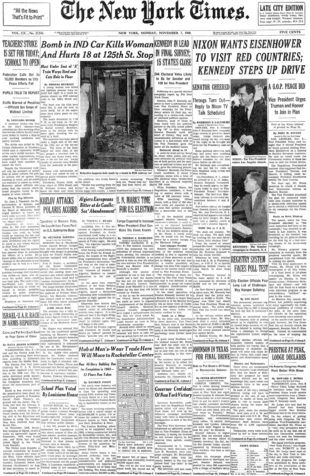 Monday, November 7, 1960 – The New York Times Front Page