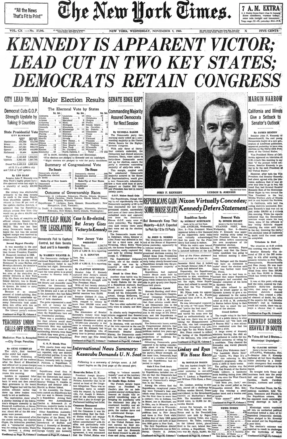 Wednesday, November 9, 1960 – The New York Times Front Page