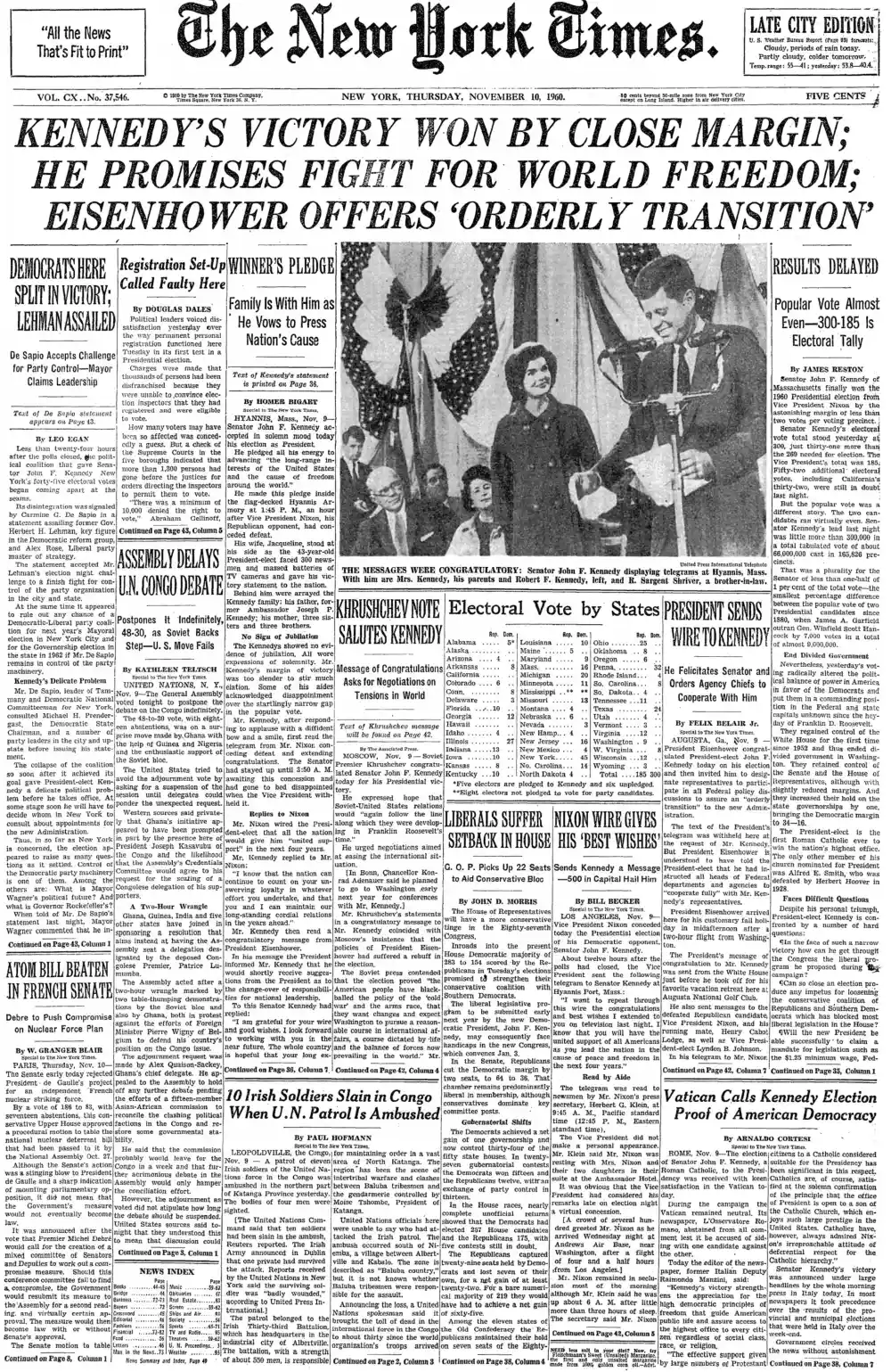 Thursday, November 10, 1960 – The New York Times Front Page