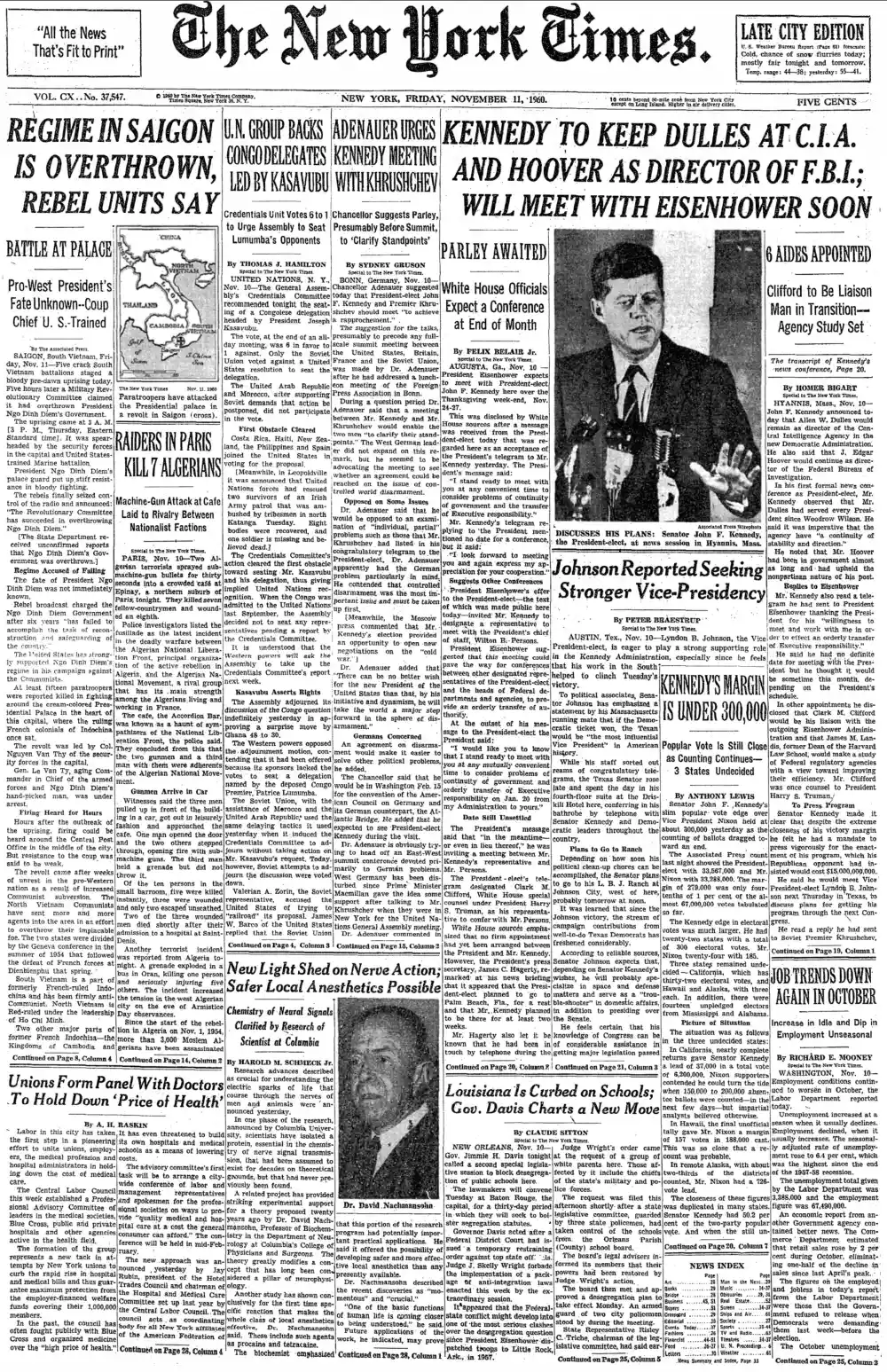 Friday, November 11, 1960 – The New York Times Front Page