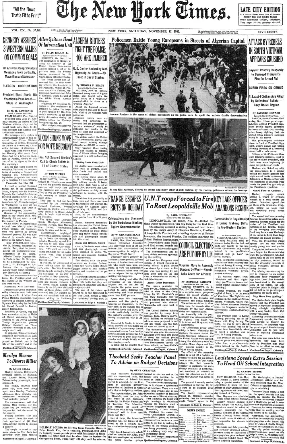 Saturday, November 12, 1960 – The New York Times Front Page