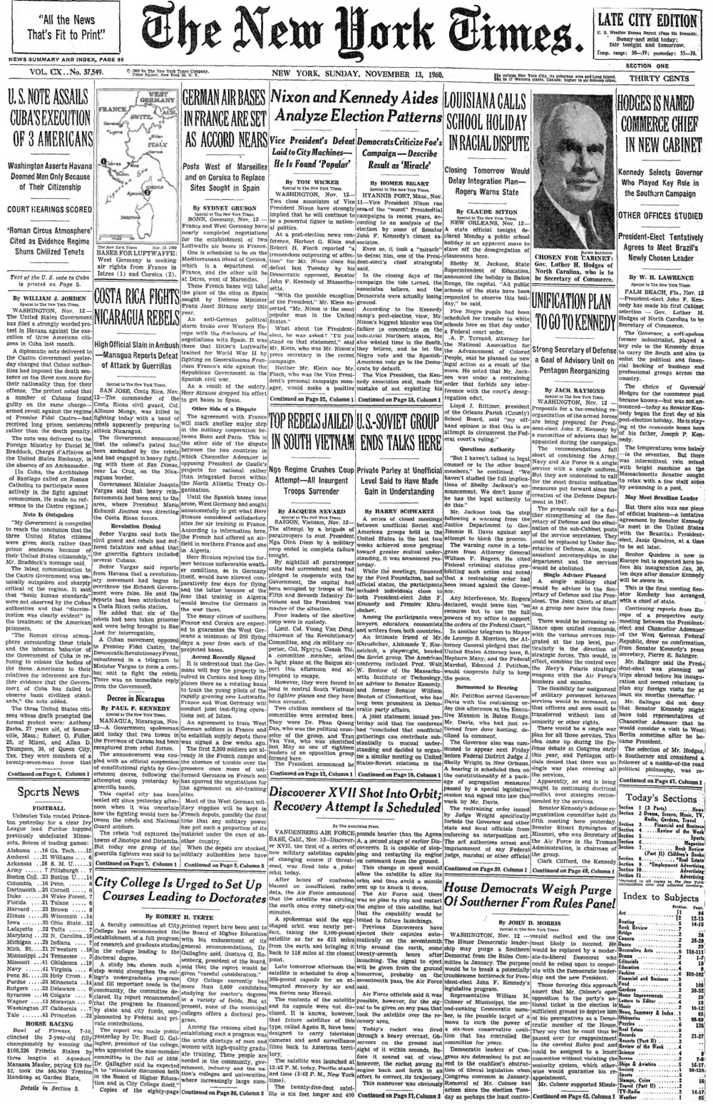 Sunday, November 13, 1960 – The New York Times Front Page