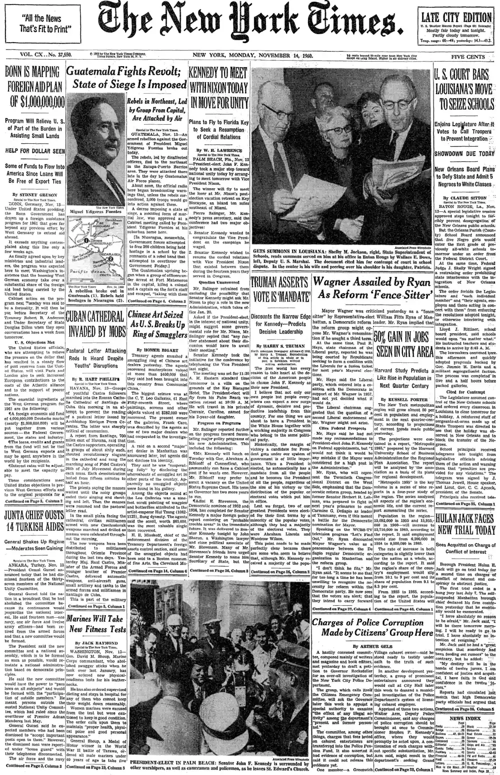 Monday, November 14, 1960 – The New York Times Front Page