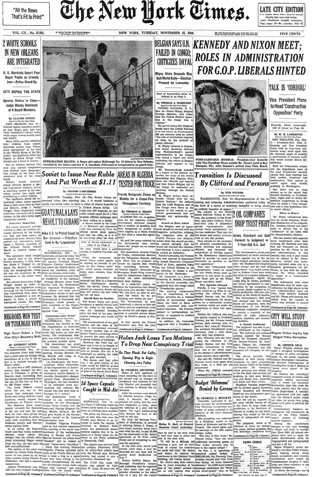 Tuesday, November 15, 1960 – The New York Times Front Page