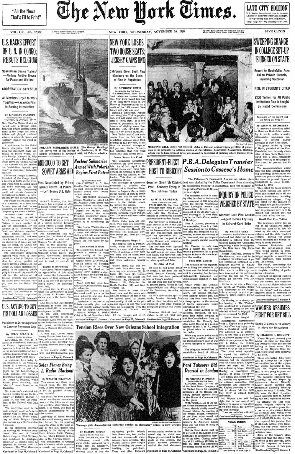 Wednesday, November 16, 1960 – The New York Times Front Page