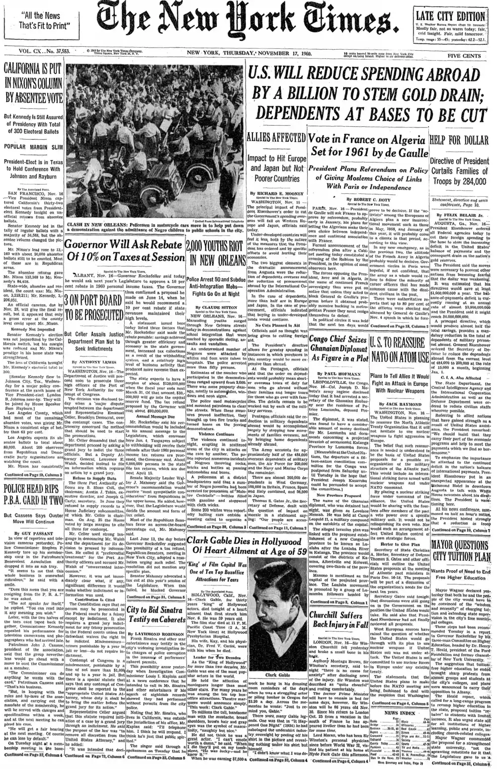 Thursday, November 17, 1960 – The New York Times Front Page