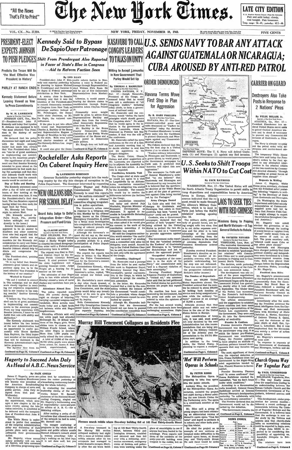 Friday, November 18, 1960 – The New York Times Front Page