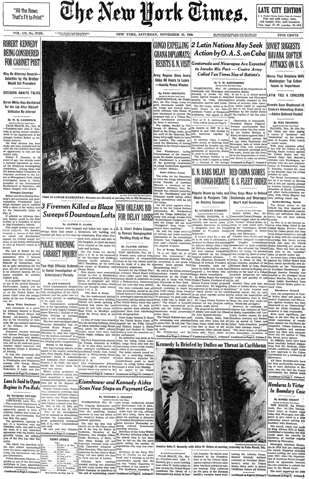Saturday, November 19, 1960 – The New York Times Front Page