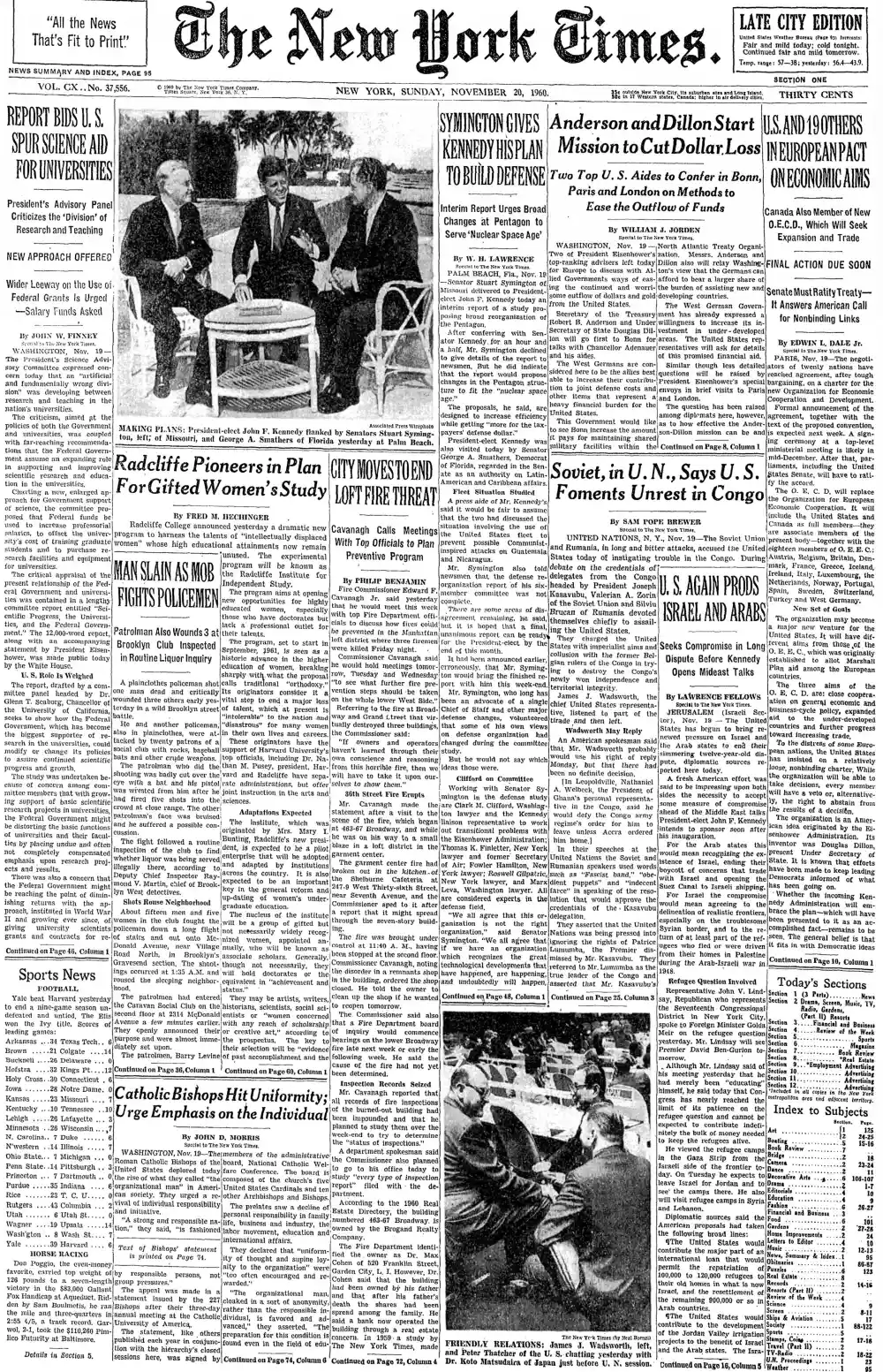 Sunday, November 20, 1960 – The New York Times Front Page