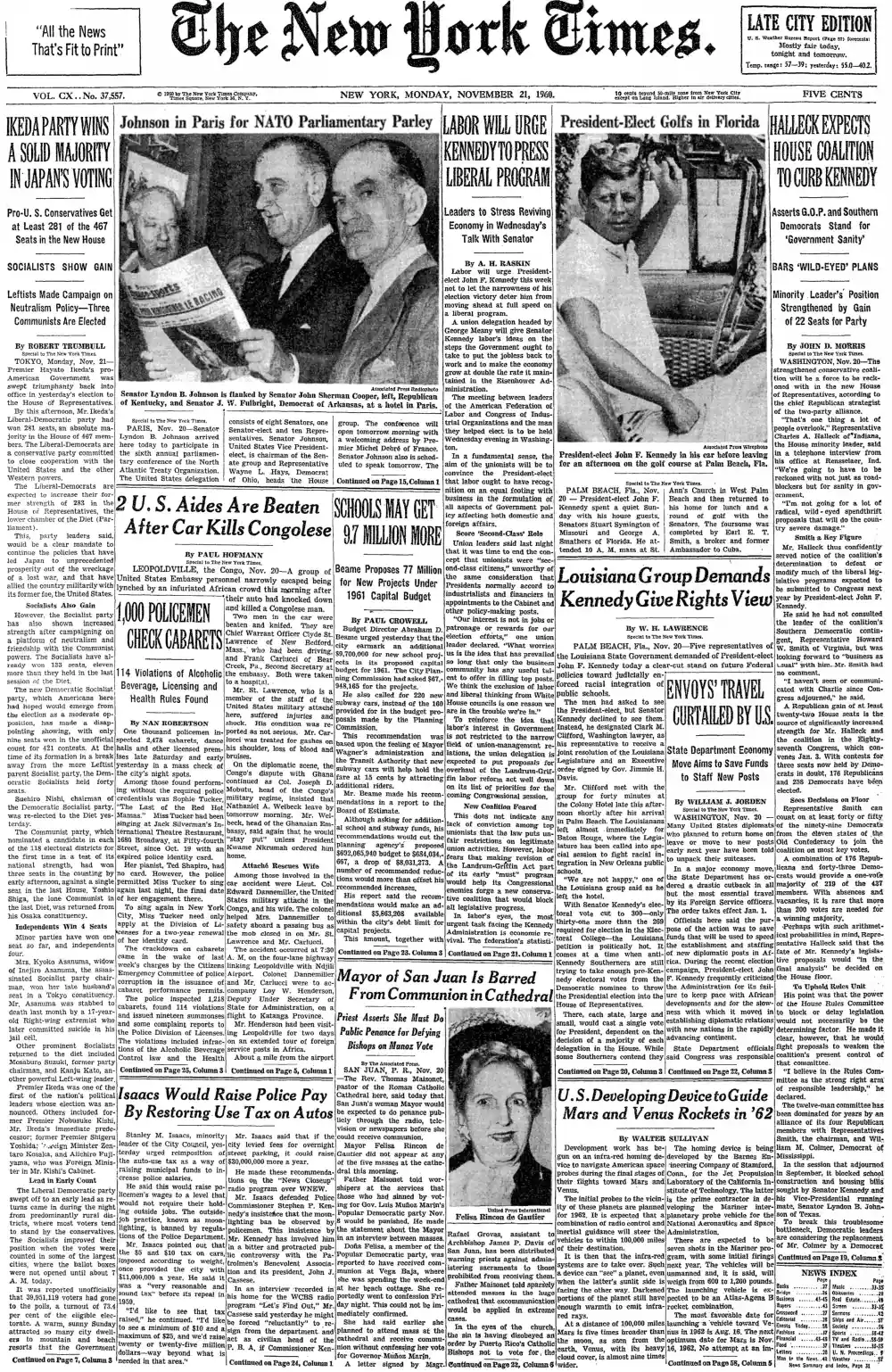 Monday, November 21, 1960 – The New York Times Front Page