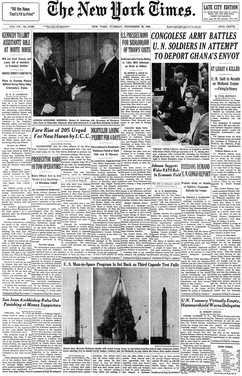 Tuesday, November 22, 1960 – The New York Times Front Page