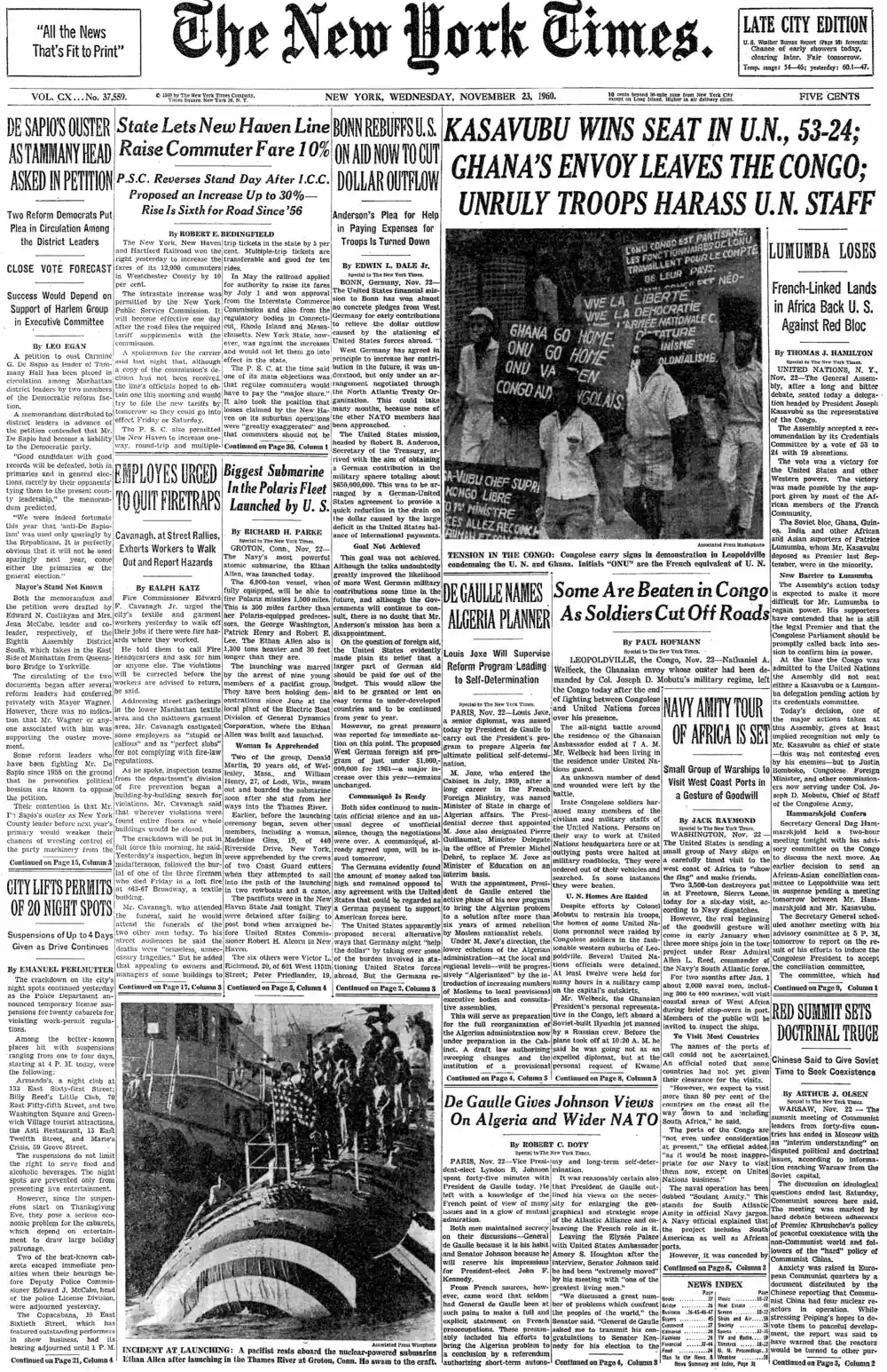 Wednesday, November 23, 1960 – The New York Times Front Page