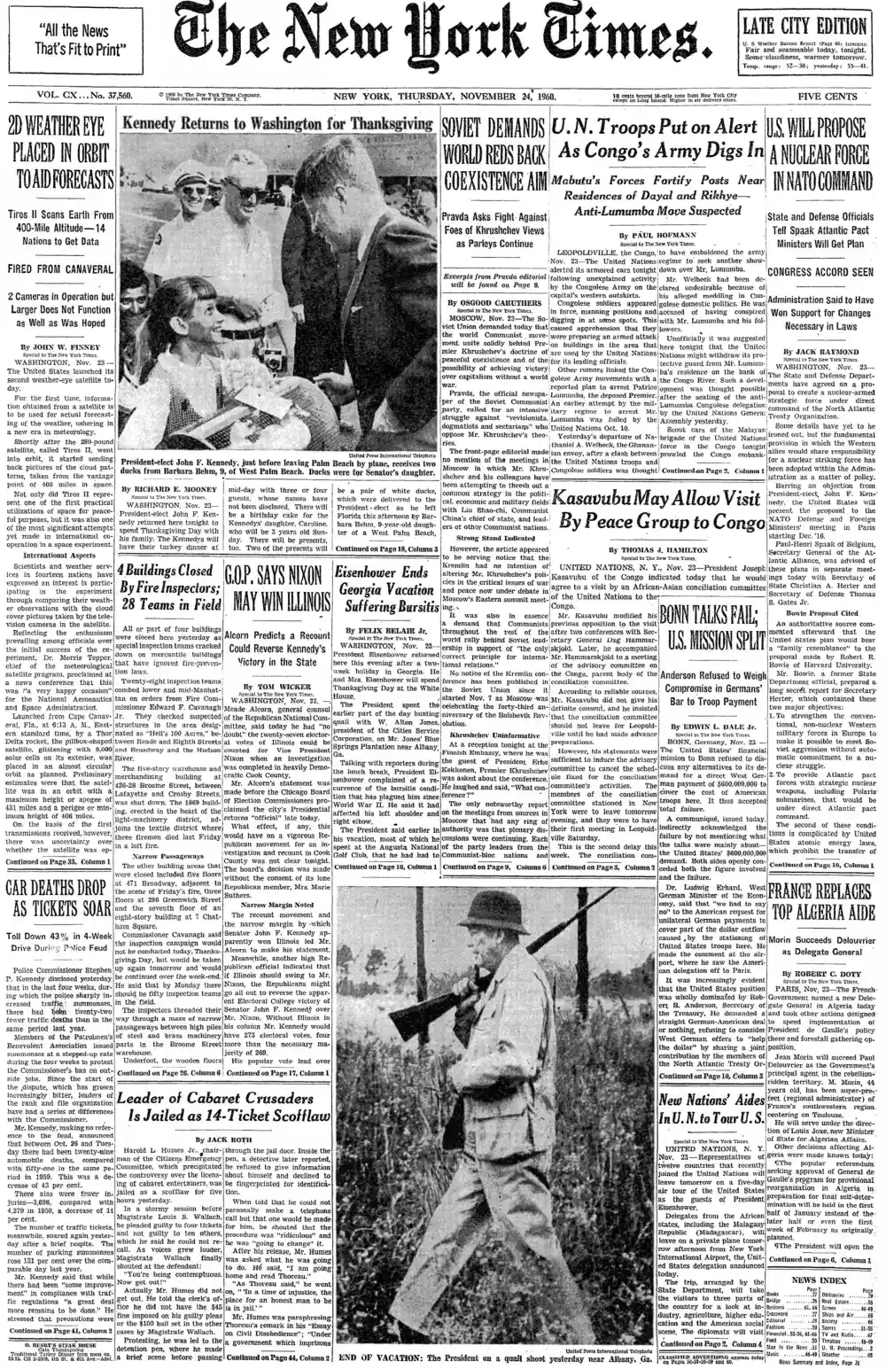 Thursday, November 24, 1960 – The New York Times Front Page