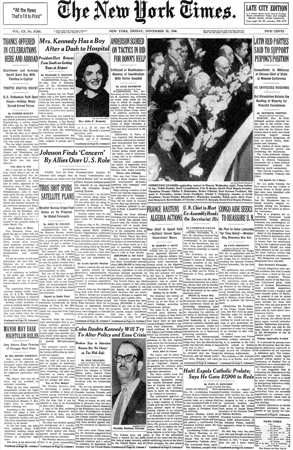 Friday, November 25, 1960 – The New York Times Front Page