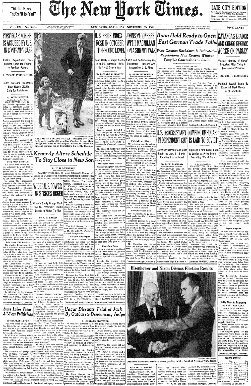 Saturday, November 26, 1960 – The New York Times Front Page